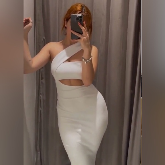 Zara white midi dress cropped one shoulder ribbed cotton fitted bodycon - Picture 4 of 16